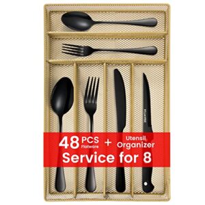 48 pcs black silverware with organizer, stainless steel flatware with steak knife, mirror polished cutlery utensil set, durable home kitchen eating tableware set, include fork knife spoon set