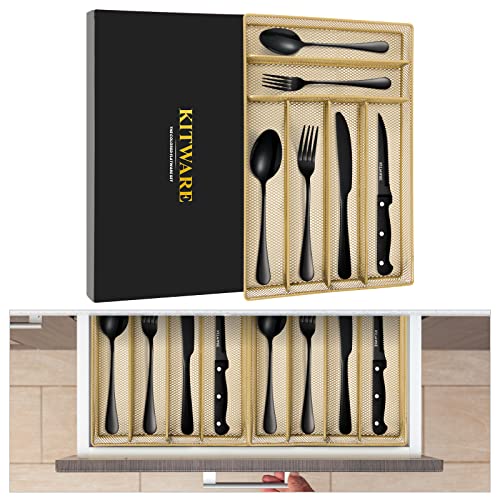 48 pcs BLack Silverware with Organizer, Stainless Steel Flatware with Steak Knife, Mirror Polished Cutlery Utensil Set, Durable Home Kitchen Eating Tableware Set, Include Fork Knife Spoon Set