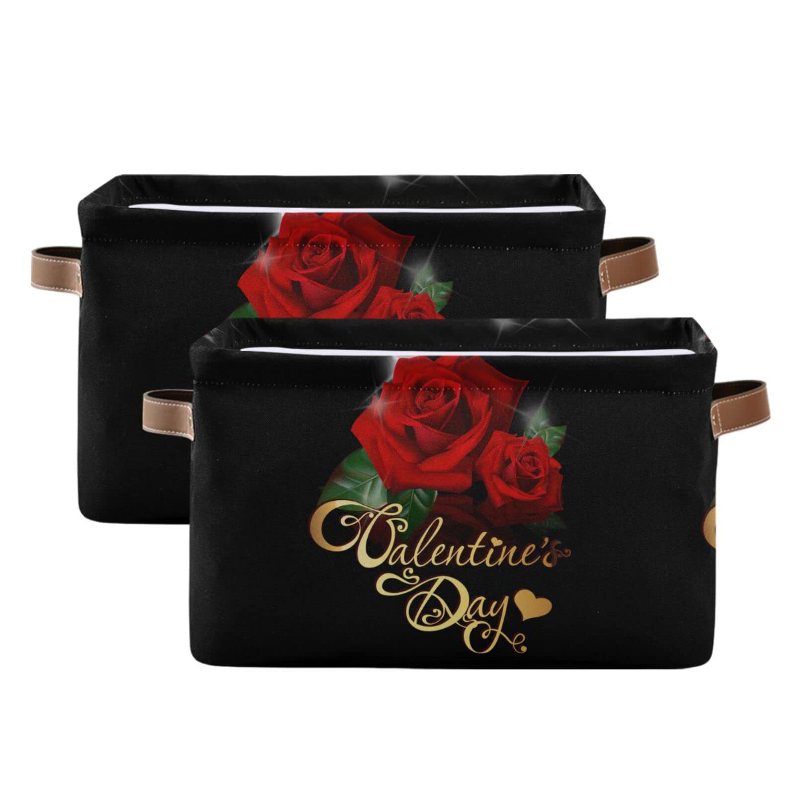 ALAZA Valentine's Day Rose Floral Black Foldable Storage Box Storage Basket Organizer Bins with Handles for Shelf Closet Living Room Bedroom Home Office 2 Pack