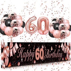 60th birthday decorations for women, rose gold happy 60th birthday banner yard sign, black rose gold 60th birthday balloons for 60th birthday anniversary party decorations supplies (9x1.2ft)