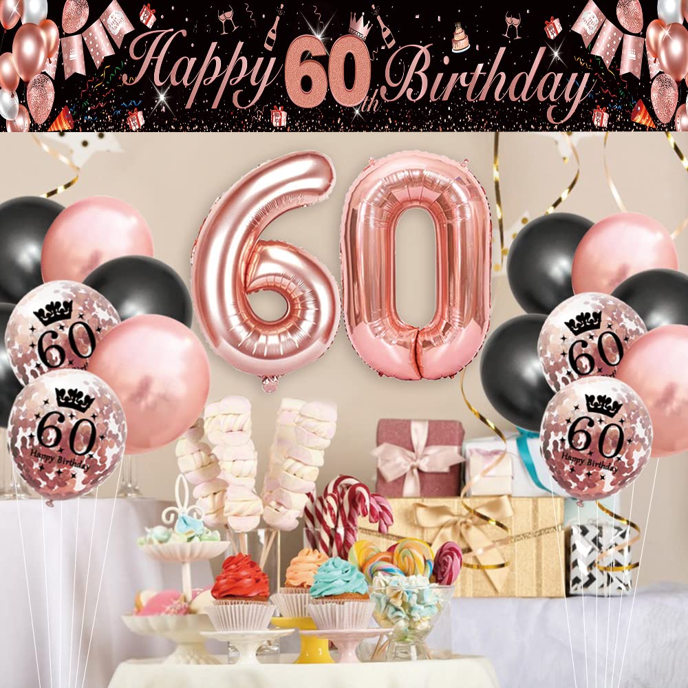 60th Birthday Decorations for Women, Rose Gold Happy 60th Birthday Banner Yard Sign, Black Rose Gold 60th Birthday Balloons for 60th Birthday Anniversary Party Decorations Supplies (9x1.2ft)