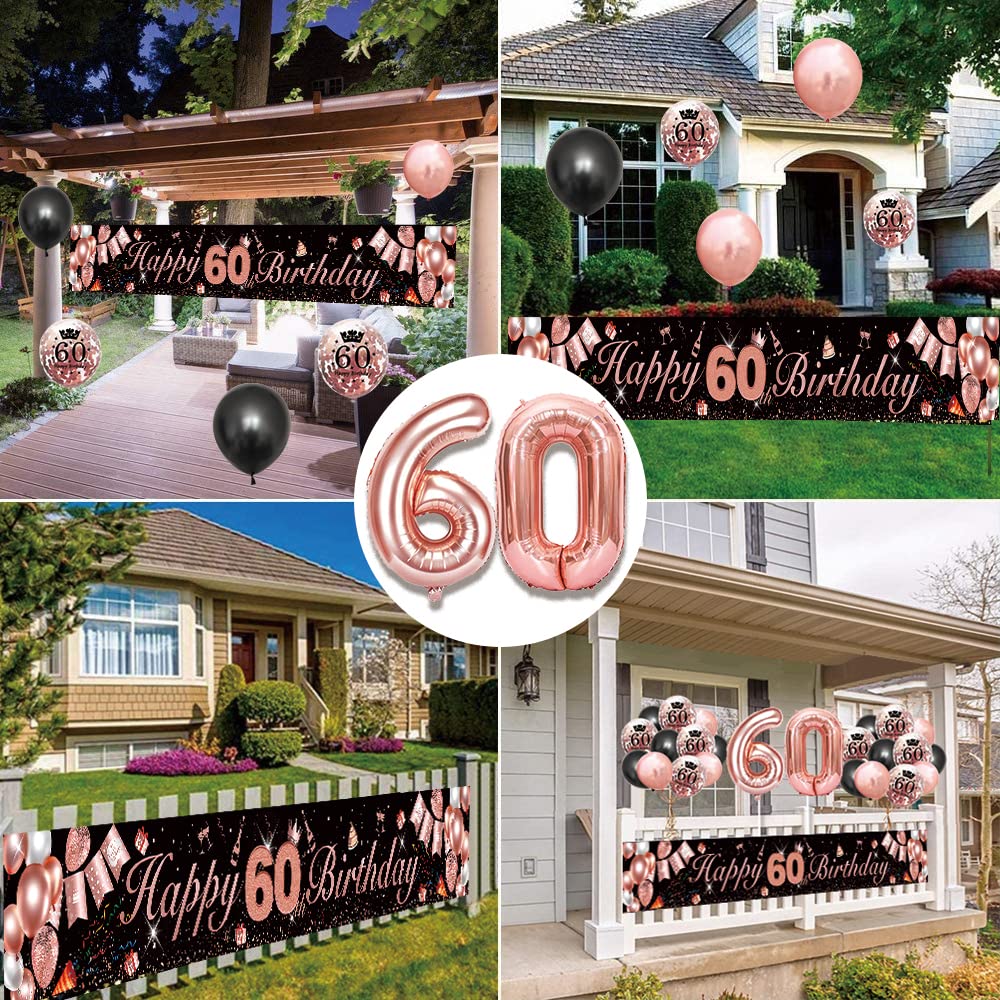 60th Birthday Decorations for Women, Rose Gold Happy 60th Birthday Banner Yard Sign, Black Rose Gold 60th Birthday Balloons for 60th Birthday Anniversary Party Decorations Supplies (9x1.2ft)