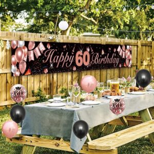 60th Birthday Decorations for Women, Rose Gold Happy 60th Birthday Banner Yard Sign, Black Rose Gold 60th Birthday Balloons for 60th Birthday Anniversary Party Decorations Supplies (9x1.2ft)