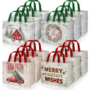 whaline 16 pack christmas non-woven bags rustic wood grain truck tree pattern reusable tote gift bag merry christmas shopping totes with handles for xmas holiday party favor supplies, 4 designs