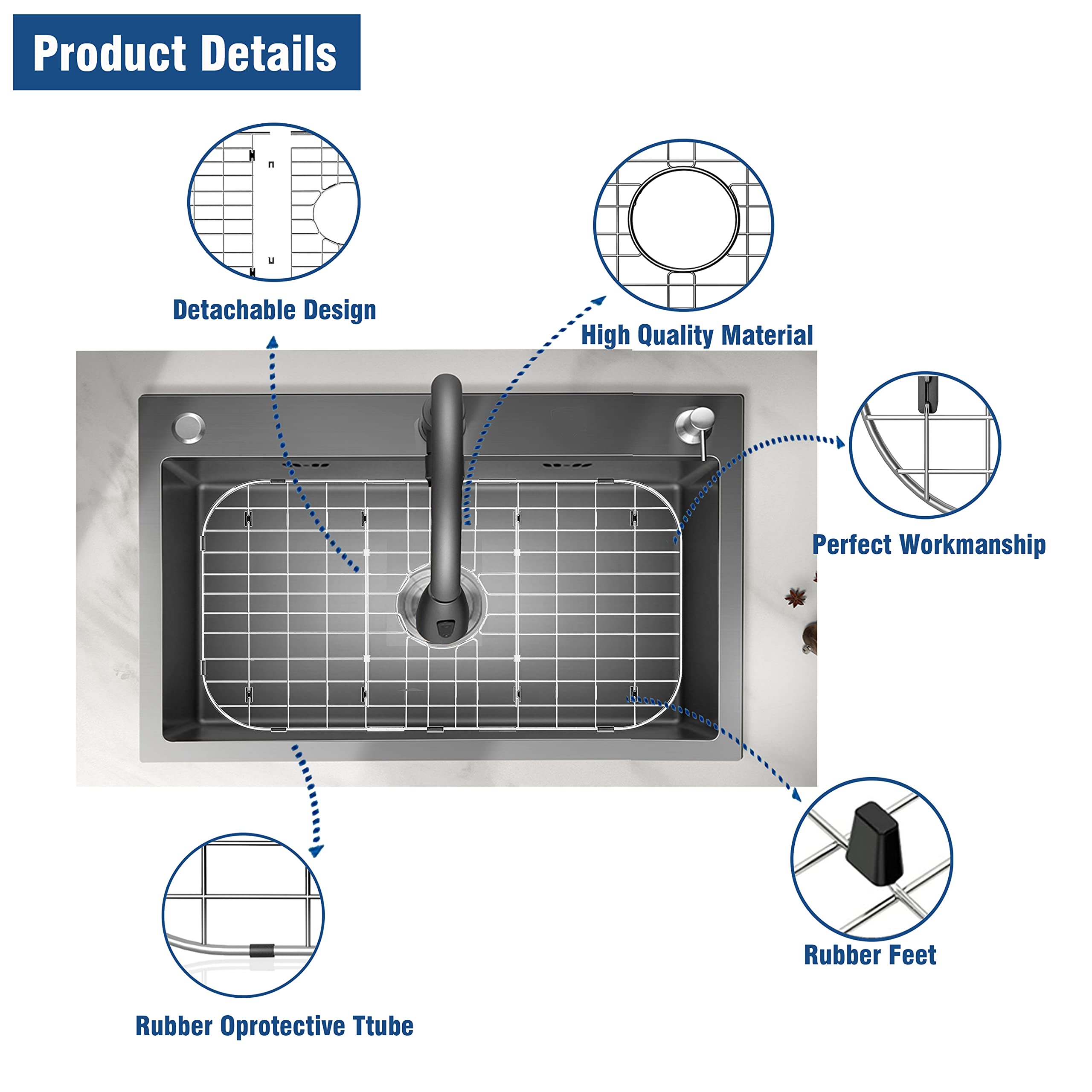 Stainless Steel Sink Protector 26"x14" with Center Drain, Metal Sink Rack for Bottom of Sink, Kitchen Sink Grate and Sink Protectors with Sink Strainer (26" x 14" - Center Drain)