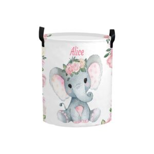 zaaprintblanket customized laundry basket name organizer bin laundry hamper with handle clothes hamper for nursery clothes toys decor(pink florals baby elephant)