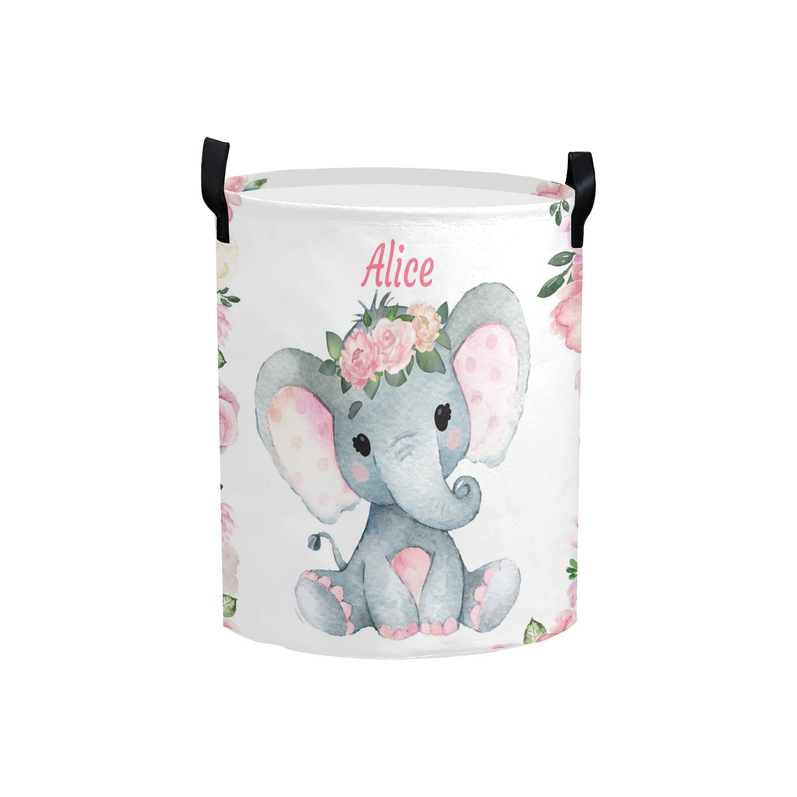 zaaprintblanket Customized Laundry Basket Name Organizer Bin Laundry Hamper with Handle Clothes Hamper for Nursery Clothes Toys Decor(Pink Florals Baby Elephant)