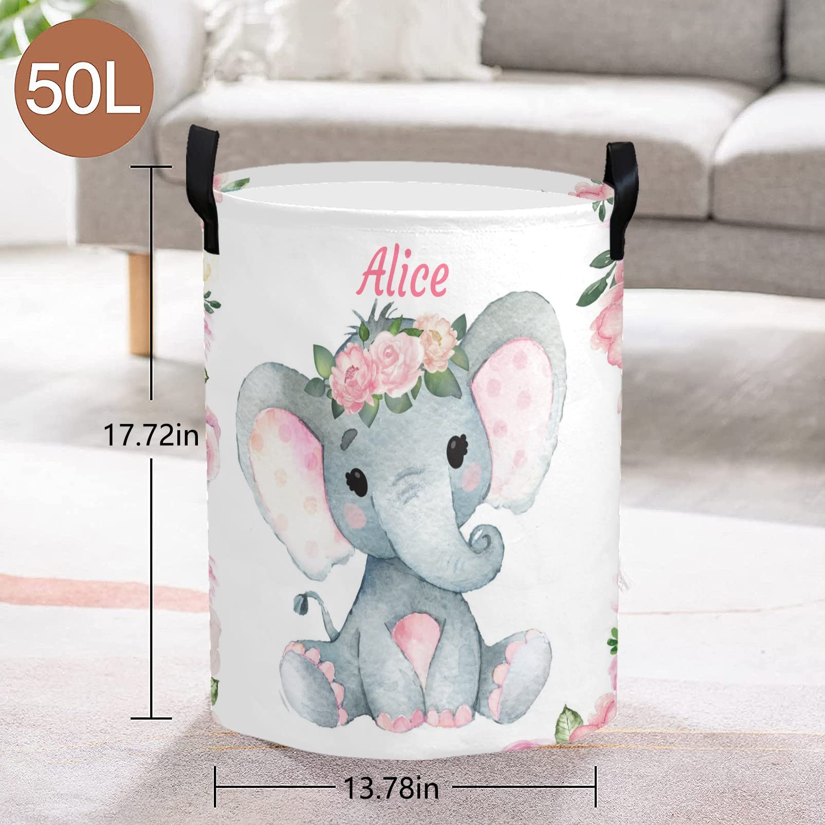 zaaprintblanket Customized Laundry Basket Name Organizer Bin Laundry Hamper with Handle Clothes Hamper for Nursery Clothes Toys Decor(Pink Florals Baby Elephant)