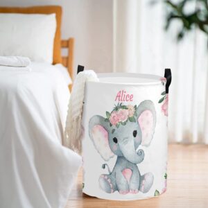 zaaprintblanket Customized Laundry Basket Name Organizer Bin Laundry Hamper with Handle Clothes Hamper for Nursery Clothes Toys Decor(Pink Florals Baby Elephant)