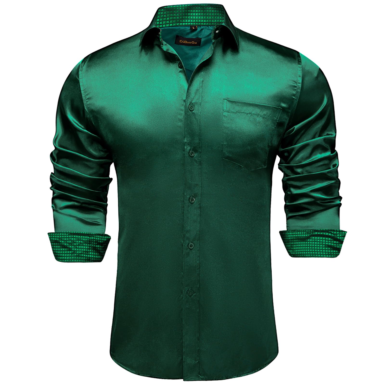 DiBanGu Mens Luxury Shiny Emerald Green Satin Dress Shirts Casual Long Sleeve Inner Contrast Paisley Shirts Wedding Party Prom Shirts