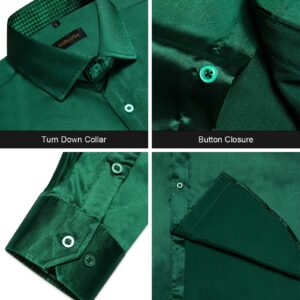 DiBanGu Mens Luxury Shiny Emerald Green Satin Dress Shirts Casual Long Sleeve Inner Contrast Paisley Shirts Wedding Party Prom Shirts