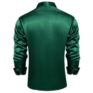 DiBanGu Mens Luxury Shiny Emerald Green Satin Dress Shirts Casual Long Sleeve Inner Contrast Paisley Shirts Wedding Party Prom Shirts