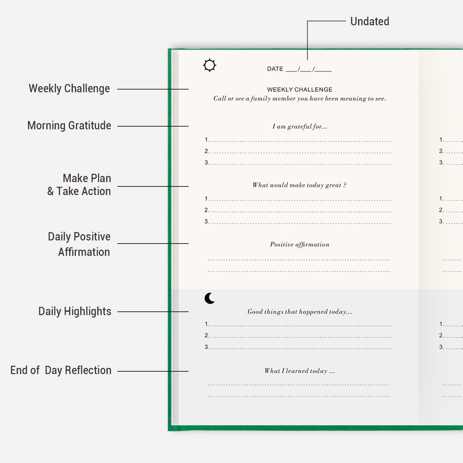 The Gratitude Journal: Just Five Minutes a Day to Inspire Thankfulness, Mindfulness, Positivity, Happiness,Upgraded with Pen Holder, Inner Pocket & Elastic Closure Band (Earth Green)