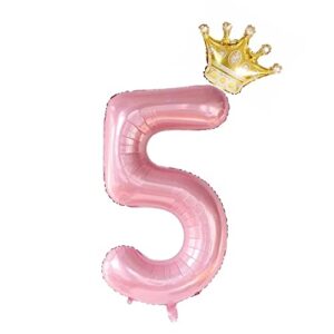 40-Inch Pink Crown Number 5 Balloons Set,5th Birthday Balloons for Girls, Jumbo Helium Foil Balloons，Childrens Birthday Party Decorations. (Number 5)