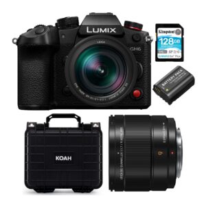 panasonic lumix gh6 mirrorless camera with 12-60mm f/2.8-4 lens bundle with h-x09 9mm f/1.7 leica summilux lens, weatherproof hard case, 128gb memory card and battery (5 items)