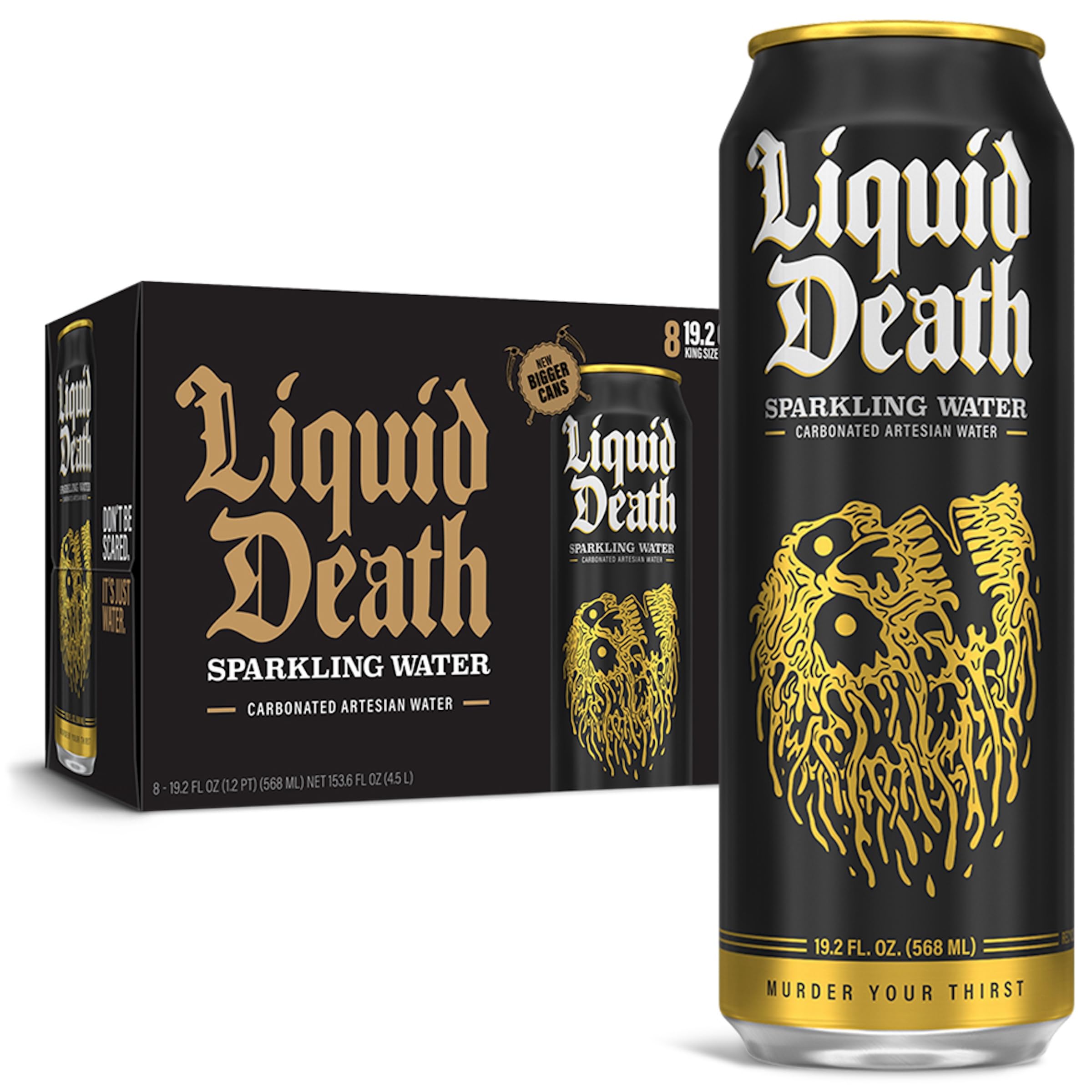 Liquid Death, Sparkling Mountain Water, Real Mountain Source, Natural Minerals & Electrolytes, 8-Pack (King Size 19.2oz Cans)