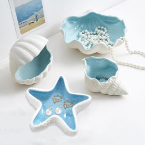 ZGRTZH Starfish Jewelry Dish Tray Ceramic Blue Ring Holder for Jewelry Trinket Dish Candy Dish Jewelry Tray Jewelry Plate Small Key Bowl for Entryway Table Birthday Home Party Decor