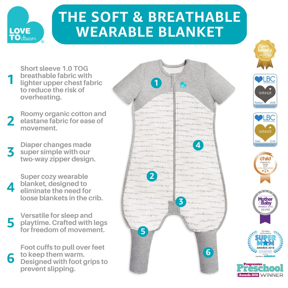 Love to Dream Organic Toddler Wearable Blanket w/Footies (12-24 Mo), Super Soft Sleeping Suit, 1.0TOG Grey