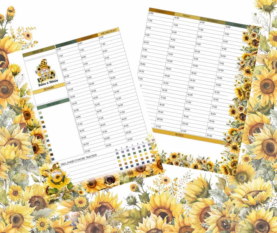 Sunflowers and Sunshine Weekly Planner Organizer, 8.5 x 11 Metal Spiral Bound Ring Binder, 60 pages, Laminated Covers and Rigid Dividers, Undated Allows You To Start Anytime