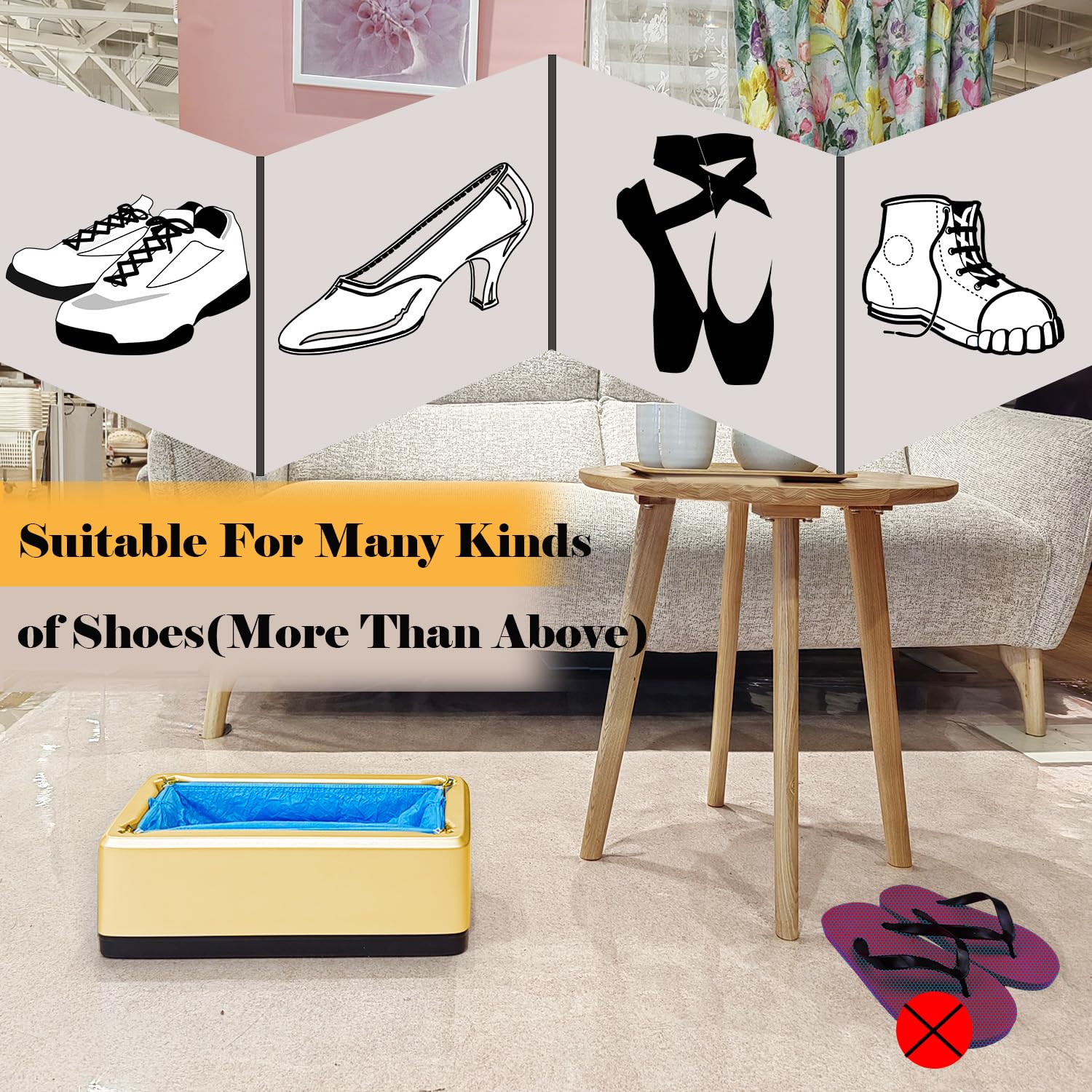 Shoe Covers Dispenser,Automatic Shoe Cover Machine Set with Waterproof 100pcs Plastic Booty Shoe Covers Film Disposable Non Slip Covers,Suitable for Indoor Home, Shop,Offices,Family Gathering,Gold