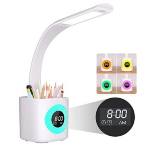 hokone desk lamps for home office, led desk lamp with pen holder, 10w study lamp with usb adapter, gooseneck white desk lamp dimmable, rgb touch night light for kids