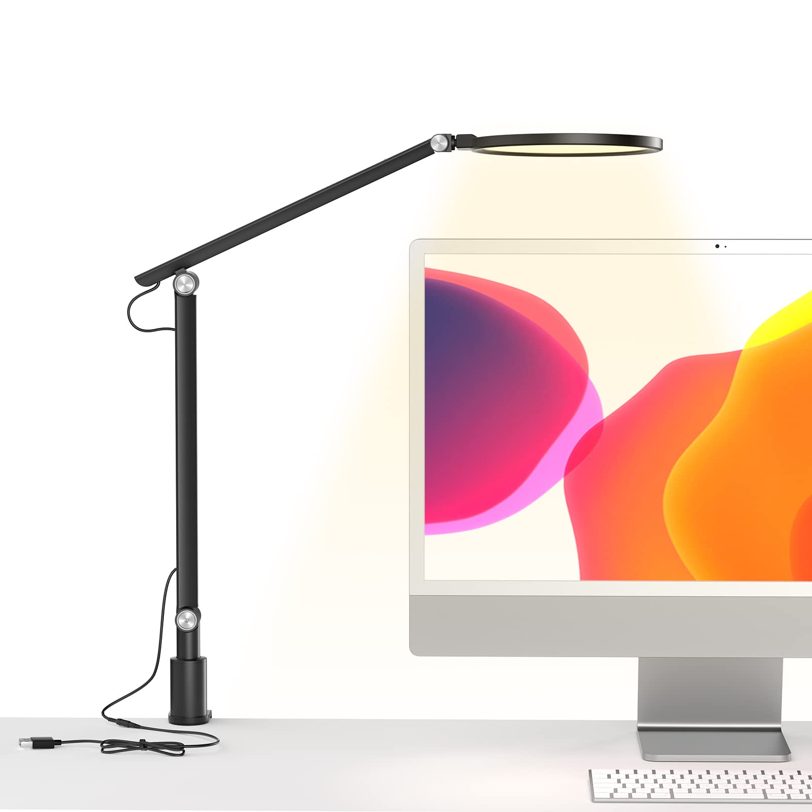 Viozon LED Desk Lamp with Clamp, Swing Arm,7'',Eye-Caring,Dimmable 3 Color Modes & 5 Brightness,Height,Angle Adjustable, Aluminum Alloy, USB Charging&Memory Function for Home Office,Read,Work,Study