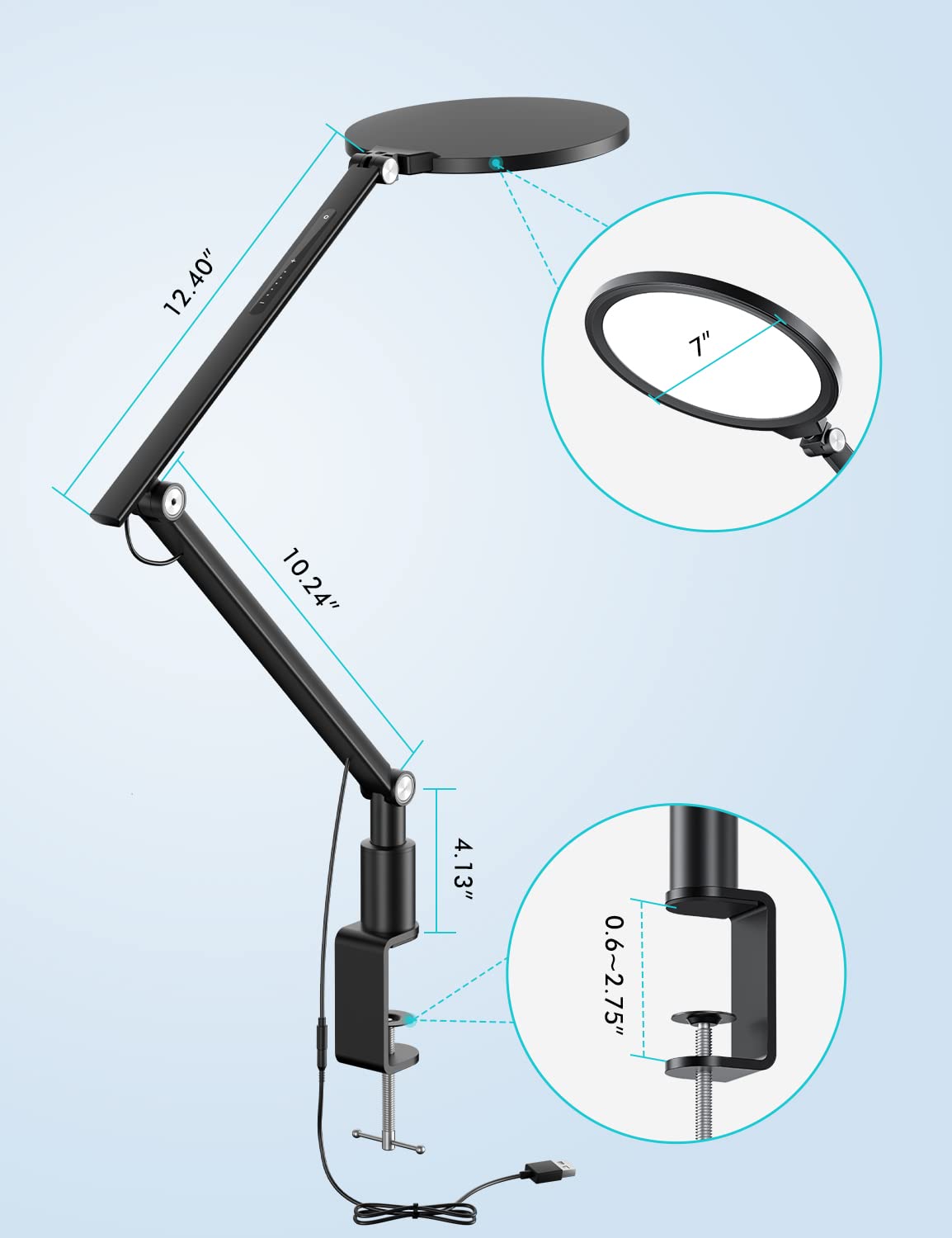 Viozon LED Desk Lamp with Clamp, Swing Arm,7'',Eye-Caring,Dimmable 3 Color Modes & 5 Brightness,Height,Angle Adjustable, Aluminum Alloy, USB Charging&Memory Function for Home Office,Read,Work,Study