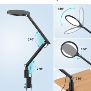 Viozon LED Desk Lamp with Clamp, Swing Arm,7'',Eye-Caring,Dimmable 3 Color Modes & 5 Brightness,Height,Angle Adjustable, Aluminum Alloy, USB Charging&Memory Function for Home Office,Read,Work,Study