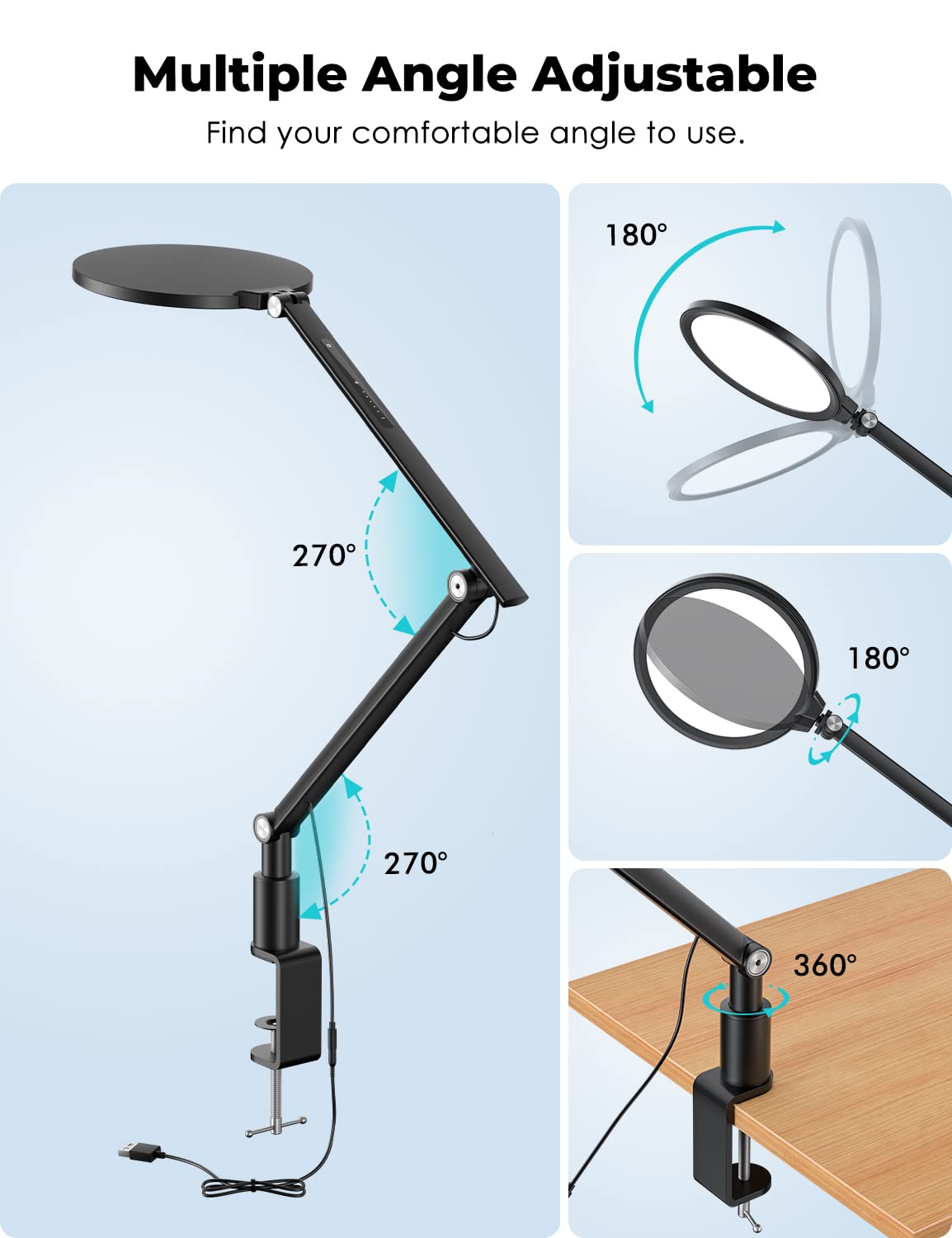 Viozon LED Desk Lamp with Clamp, Swing Arm,7'',Eye-Caring,Dimmable 3 Color Modes & 5 Brightness,Height,Angle Adjustable, Aluminum Alloy, USB Charging&Memory Function for Home Office,Read,Work,Study