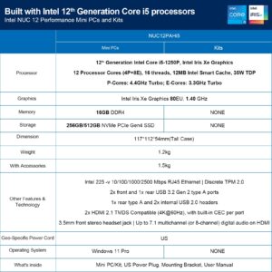 Intel NUC 12 Pro,Latest NUC12WSHi5 Mini PC Computer (12 Core i5-1240P & 4.4GHz 16GB RAM 512GB NVMe SSD,Iris XE Graphics) with Vesa Mounting Bracket, 2xThunderbolt4, WiFi6E,BT 5.2,8K,Win11 Pro