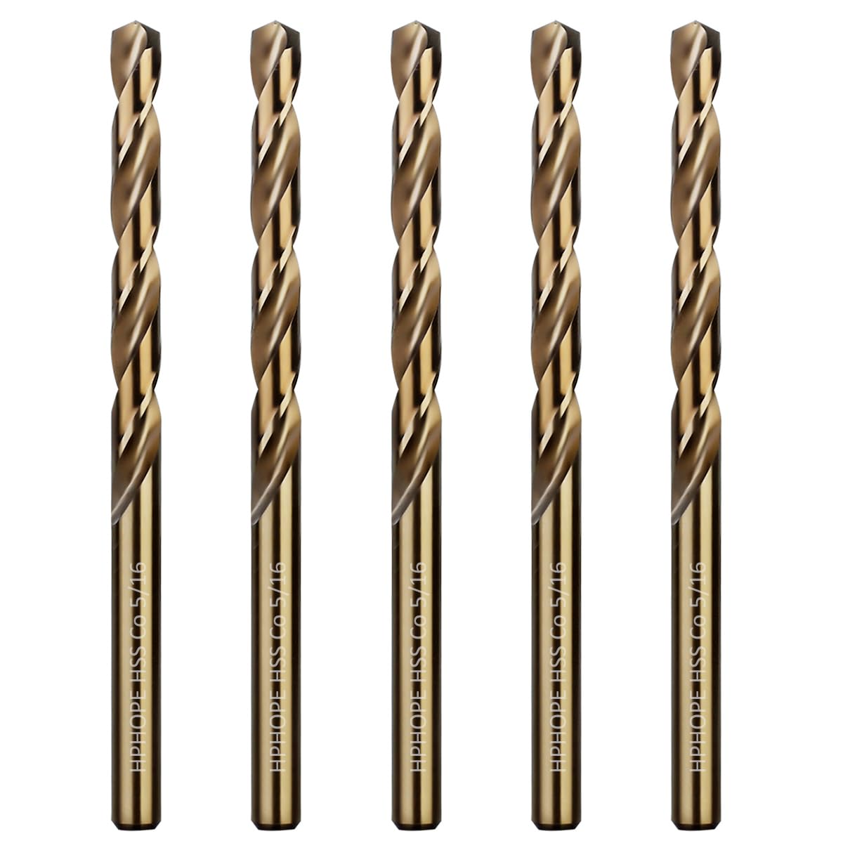 5/16 Inch Cobalt Drill Bits 5Pcs - HPHOPE M35 HSS Metal Twist Drill Bits Set, Jobber Drill Bits Length and Straight Shank, Suitable for Drilling in Hard Metal, Stainless Steel, Cast Iron