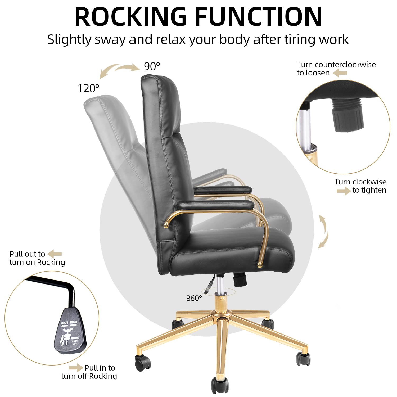 Toszn Comfy Desk Chairs White and Gold,High Back Leather Office Chair with Back Support and Armrest, Ergonomic Compuer Chairs with Wheels and Gold Legs,White