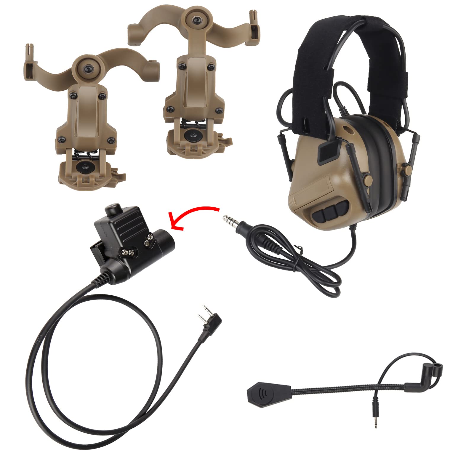 Hdlsina Tactical Shooting Headset + with U94 PTT 2pin with ARC Rail Adapter Noise Reduction & Sound Pickup Ear Protection (Tan)