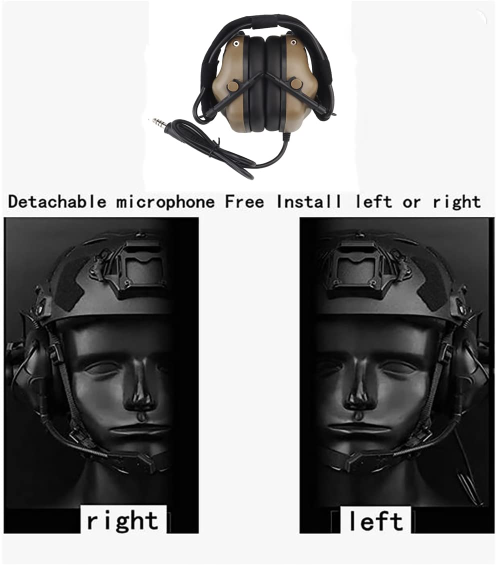 Hdlsina Tactical Shooting Headset + with U94 PTT 2pin with ARC Rail Adapter Noise Reduction & Sound Pickup Ear Protection (Tan)