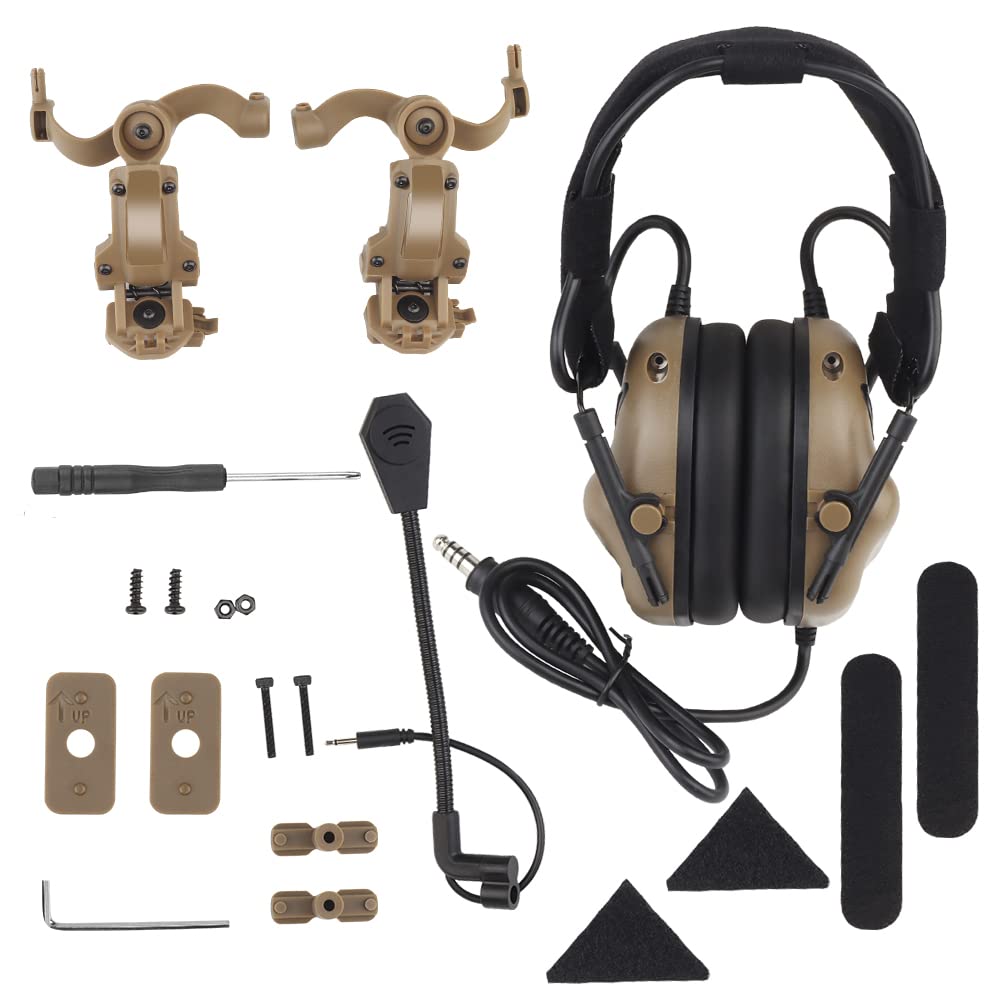 Hdlsina Tactical Shooting Headset + with U94 PTT 2pin with ARC Rail Adapter Noise Reduction & Sound Pickup Ear Protection (Tan)