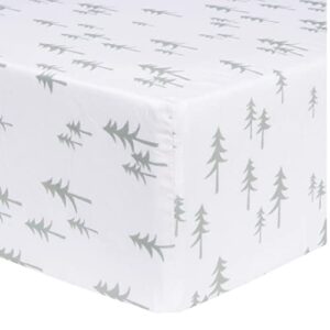 trend lab pine trees fitted crib sheet for baby mattress, made of 100% cotton, fits a standard 28 x 52 in crib mattress