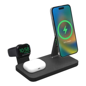 mophie snap+ 3-in-1, 15w wireless charger compatible with iphone14, magsafe, & other qi enabled phones, airpods, adapter for smart watch (apple or galaxy) (watch charger not included, attach your own)