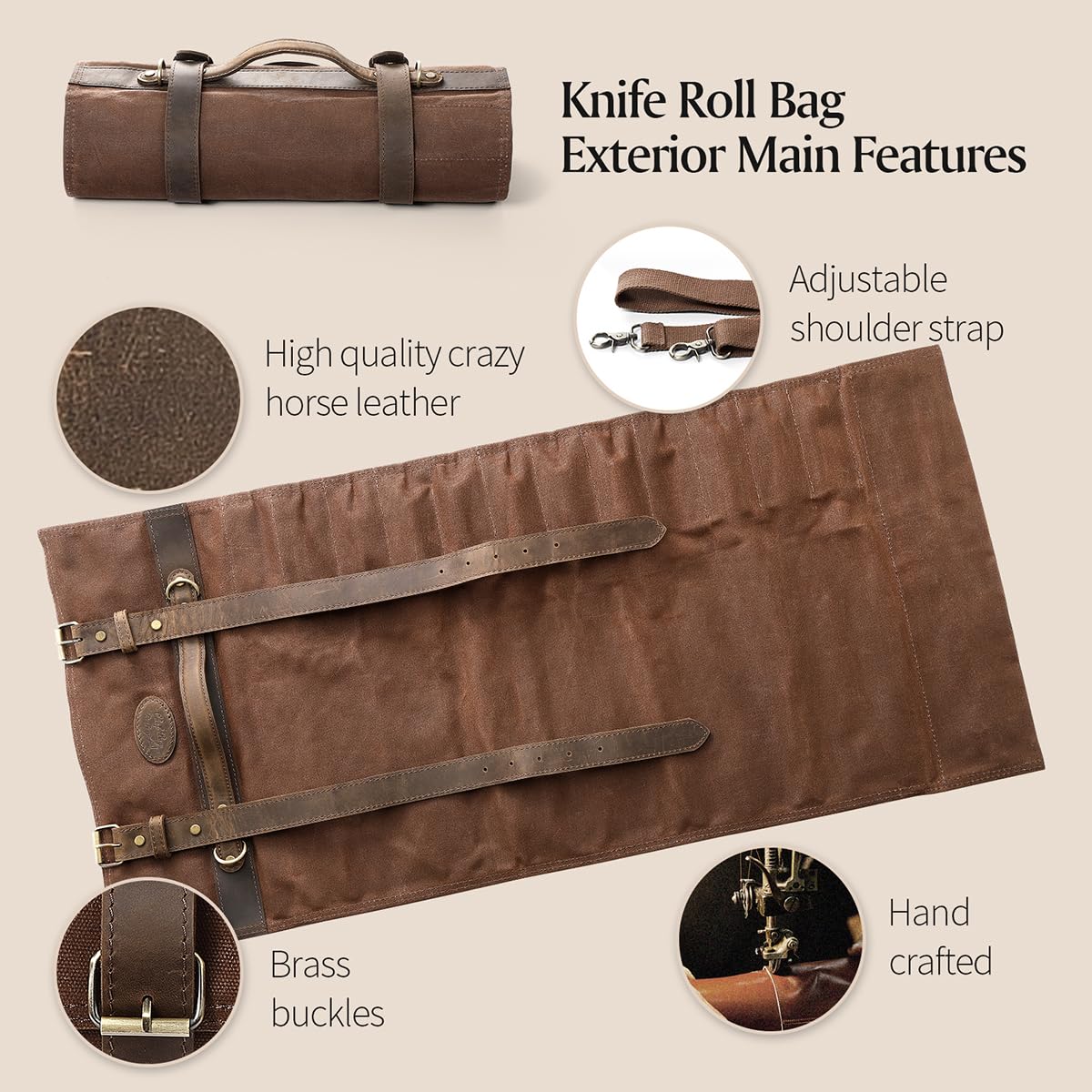 XINZUO Chef Knife Roll Bag-Professional Chef Knife Case-16oz Waxed Canvas and Crazy Horse Leather -With 12 Slots Plus 2 Zipper Pockets to Hold Kitchen Cooking Tools-Travel Tool Roll Pouch(Bag Only)