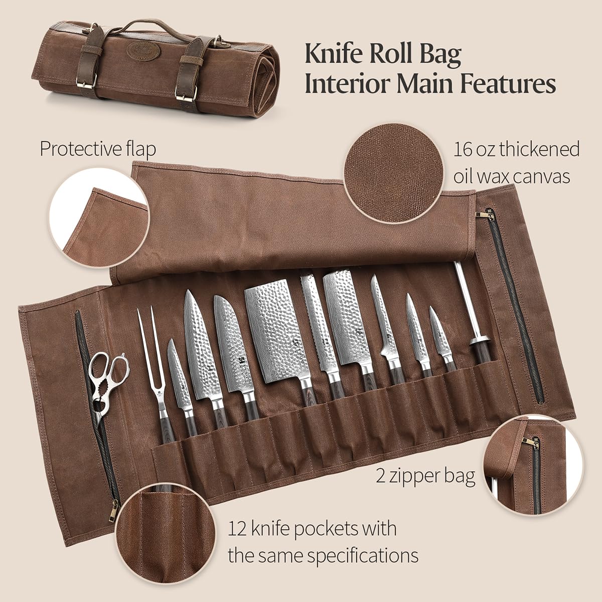 XINZUO Chef Knife Roll Bag-Professional Chef Knife Case-16oz Waxed Canvas and Crazy Horse Leather -With 12 Slots Plus 2 Zipper Pockets to Hold Kitchen Cooking Tools-Travel Tool Roll Pouch(Bag Only)