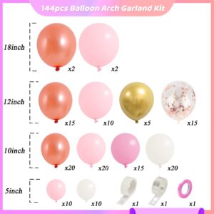 RUBFAC 147pcs Rose Gold Balloons Garland Arch Kit, 5 10 12 18 Inches Latex Pastel Pink Metallic Gold and White Confetti Balloons for Valentines Day Wedding Bridal Baby Shower Birthday Party Decoration