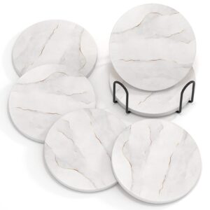 buyaobl absorbent coasters with holder, absorbent coasters set 6 pcs, white marble ceramic agate drink coaster cork base cup coaster for coffee table, housewarming gift for women, 4 inches