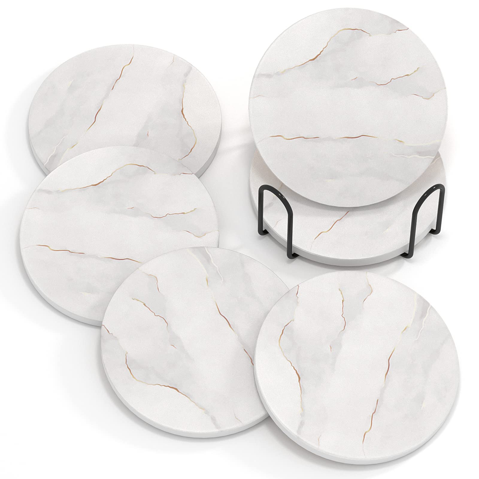 BUYAOBL Absorbent Coasters with Holder, Absorbent Coasters Set 6 Pcs, White Marble Ceramic Agate Drink Coaster Cork Base Cup Coaster for Coffee Table, Housewarming Gift for Women, 4 Inches