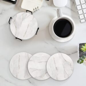 BUYAOBL Absorbent Coasters with Holder, Absorbent Coasters Set 6 Pcs, White Marble Ceramic Agate Drink Coaster Cork Base Cup Coaster for Coffee Table, Housewarming Gift for Women, 4 Inches