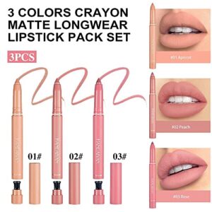 3 Colors Matt Nude Lipstick Lipliner Lip Crayons Pack Set with Built-in Sharpener,Velvet Moisture Smooth Matte Lipstick Pencils,Waterproof&Waterlasting Velvet Lip Crayon Lip Liner Lip Pen Lip Makeup