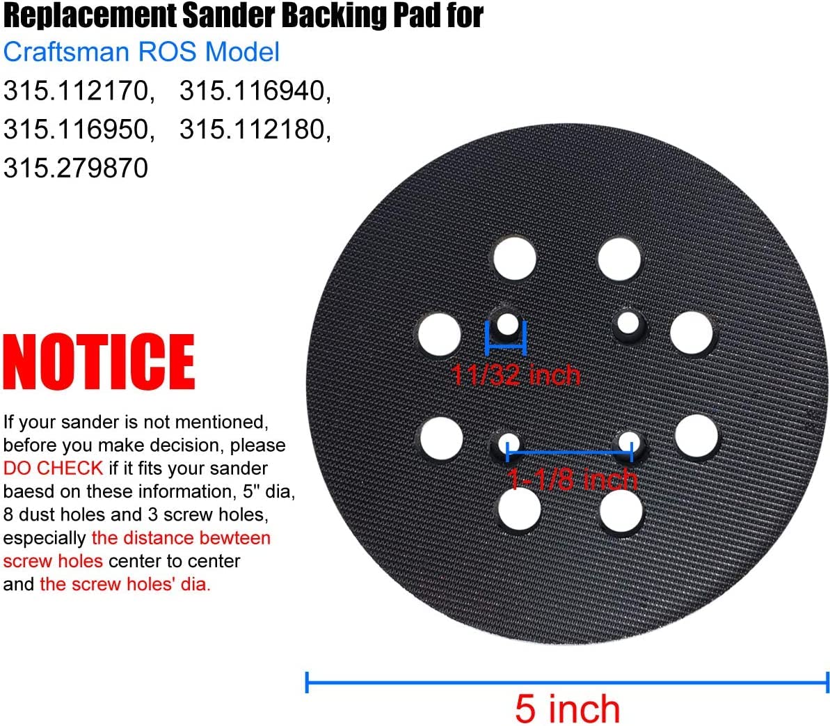 2 Pack 5 Inch 8 Hole Hook and Loop Replacement Sander Pad for Craftsman 315 Model Random Orbit Sander - 315112170, 315116940, 315116950, 315112180, 315279870 Orbit Sanders Sanding Pad