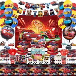 209pcs lightning mcqueen birthday party supplies, mcqueen birthday party decorations, birthday decorations included happy birthday banner, balloons, backdrop, cupcake toppers, stickers, tableware
