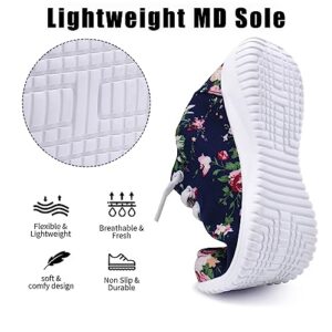 Kelway Womens Walking Canvas Shoes Slip On Memory Foam Lightweight Casual Fashion Sneakers for Gym Travel Work(D21-4/Peony Print/Navy Blue, 8, Numeric_8)