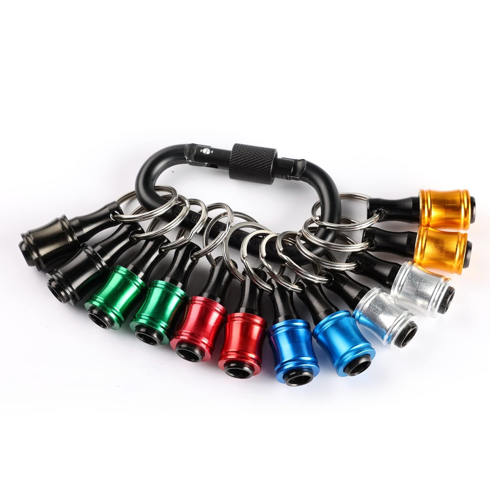 12pc Portable Bit holder Keychain, 1/4in Hex Shank Screwdriver Bit Clip for Impact Driver Flexible Drill Bit Extension Nut Driver W/Black Carabiner, Quick Release Lightweight Drill Screw Adapter