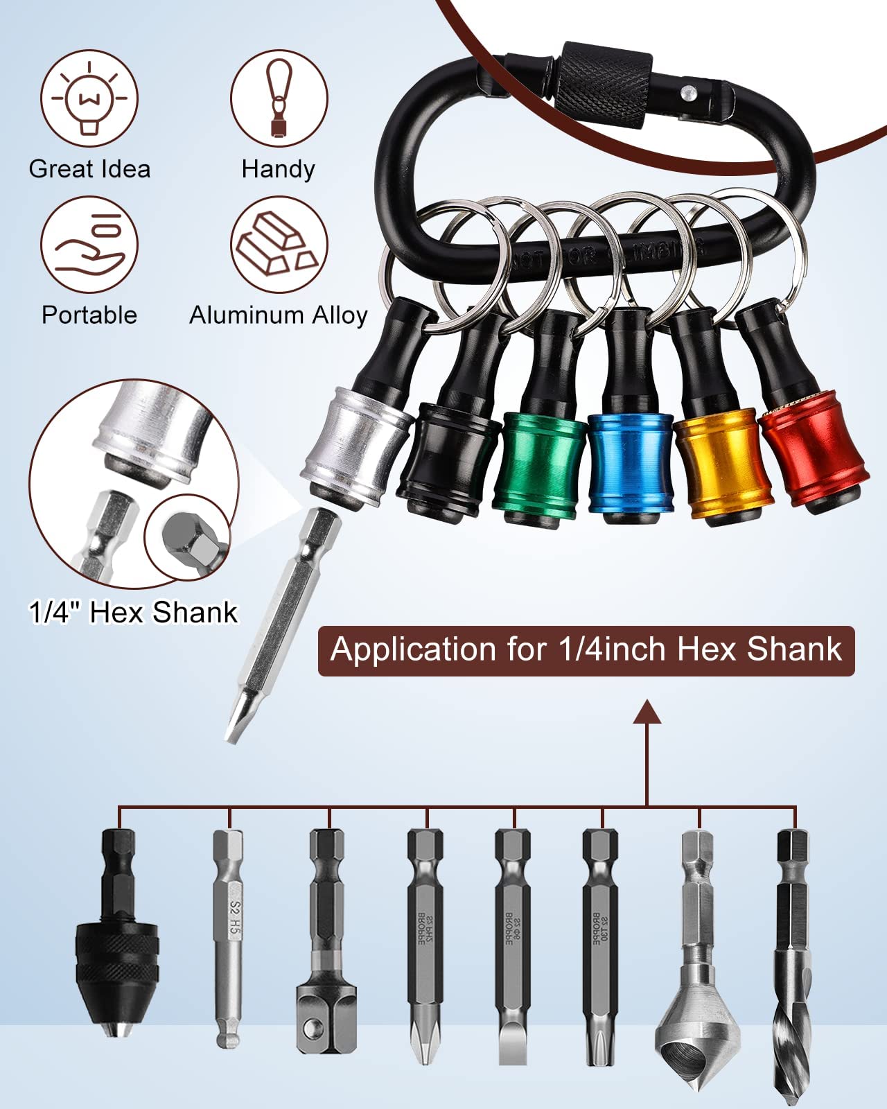 12pc Portable Bit holder Keychain, 1/4in Hex Shank Screwdriver Bit Clip for Impact Driver Flexible Drill Bit Extension Nut Driver W/Black Carabiner, Quick Release Lightweight Drill Screw Adapter