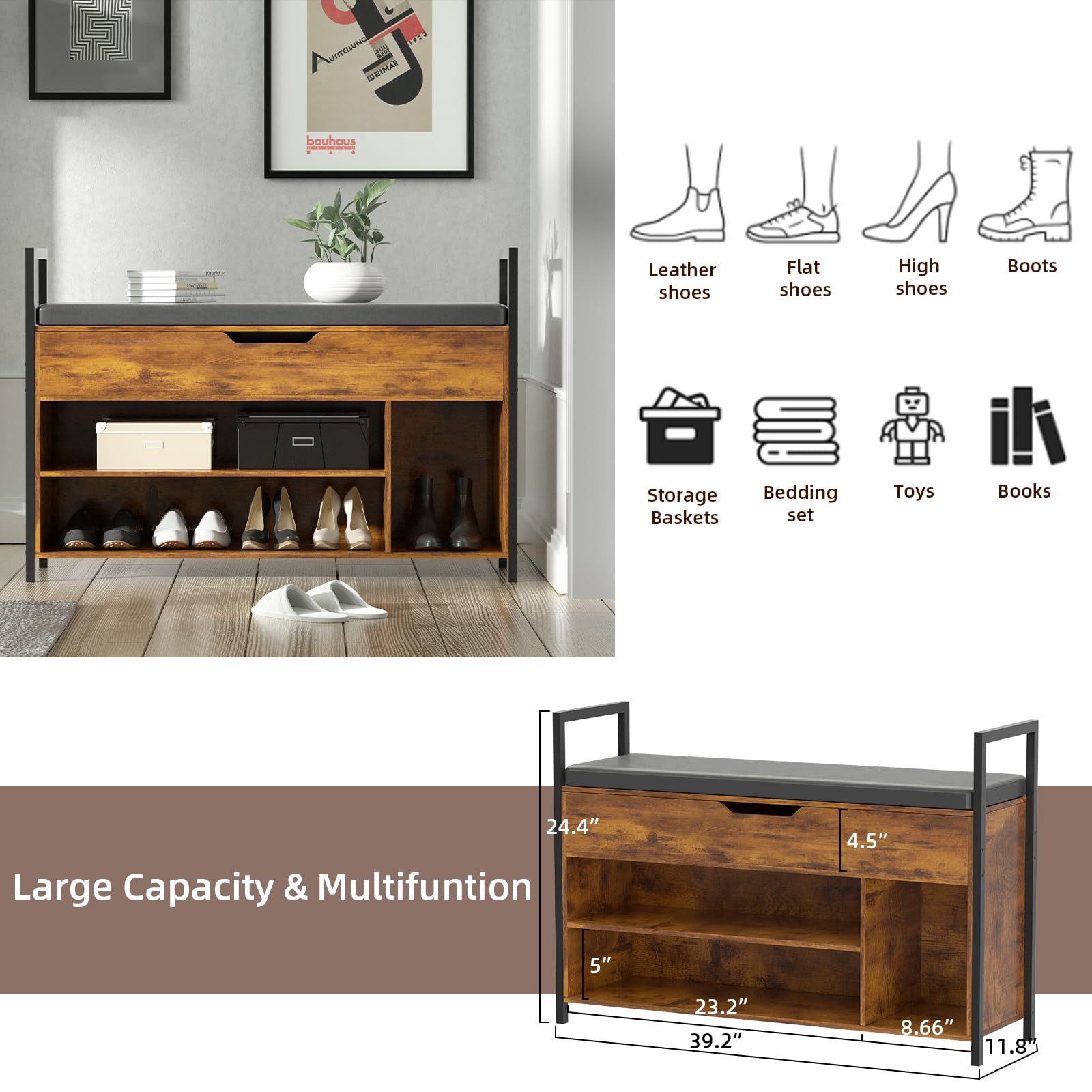 Visiblesser Shoe Storage Bench with 3 Drawers, Vintage Brown Entryway Shoe Bench with Top Lift Storage Boxes, Metal and Wood Storage Bench for Entryway,Hallway, Living Room,Bedroom